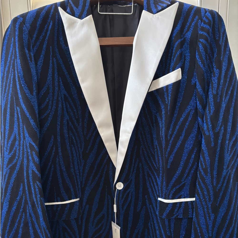 Doohoob elegant Blue and Black Blazer with White Accents glitter glitz statement
